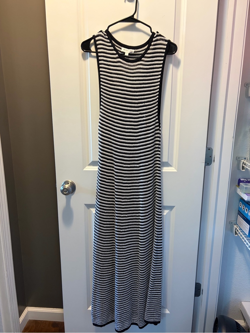 Sleeveless crocheted Black and White Striped Midi Dress with Black Slip